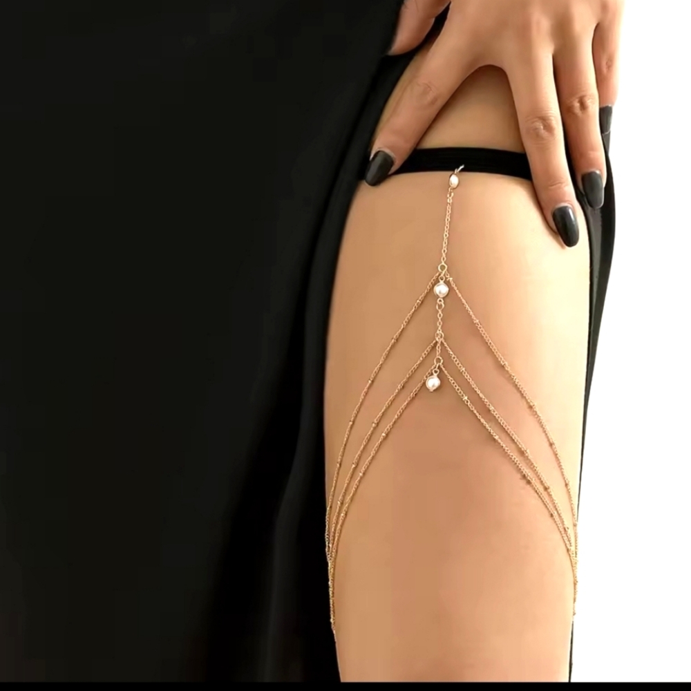 NWOT HANDMADE Gypsy Style Thigh Chain Garter Belt Gold w/Pearls Wedding Prom